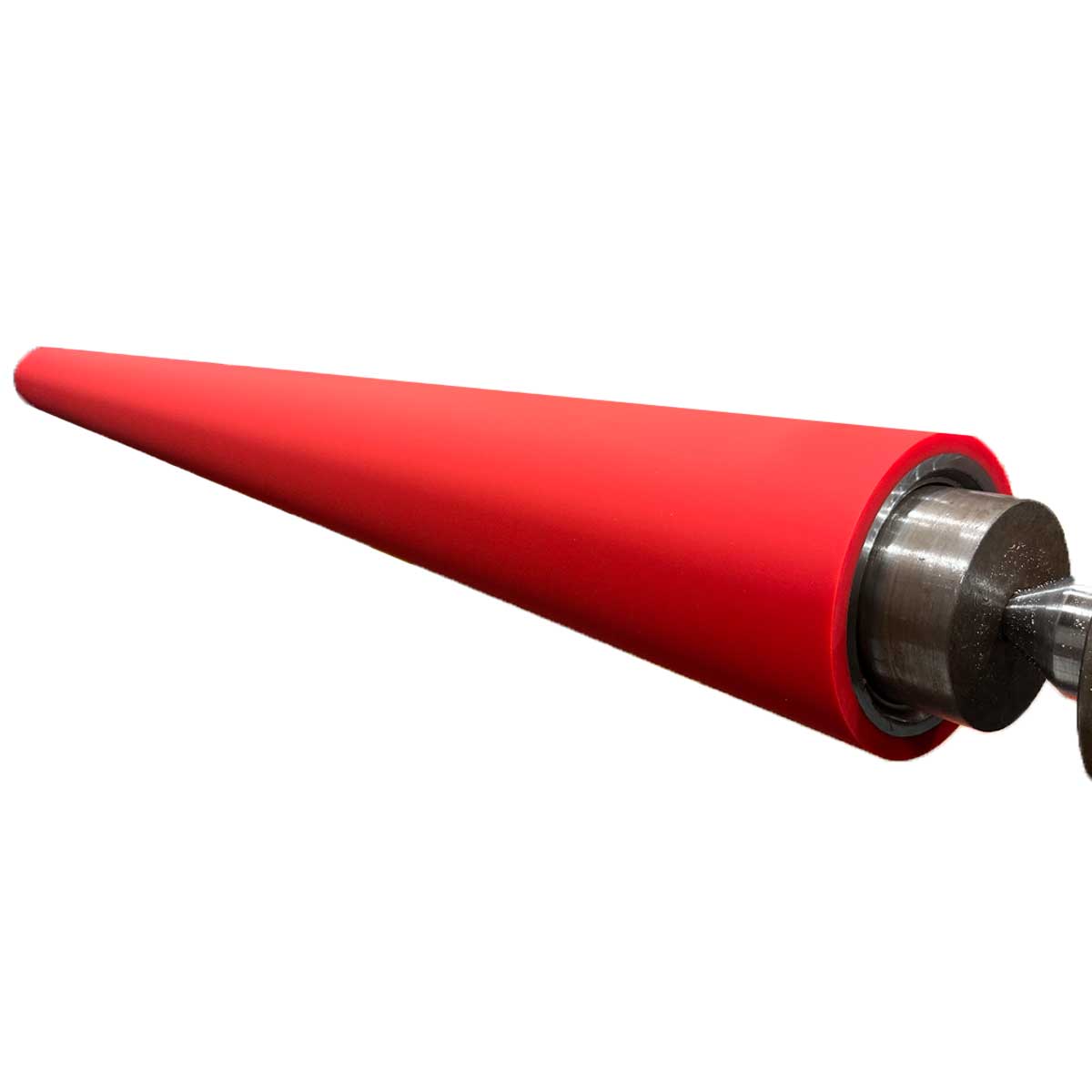 Red polyurethane carry-over roll with precision-machined steel core manufactured by Universal Urethane Products for metal coil processing.