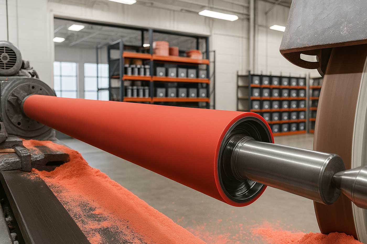 Red polyurethane bridle roll with precision steel core manufactured by Universal Urethane Products for metal processing lines.