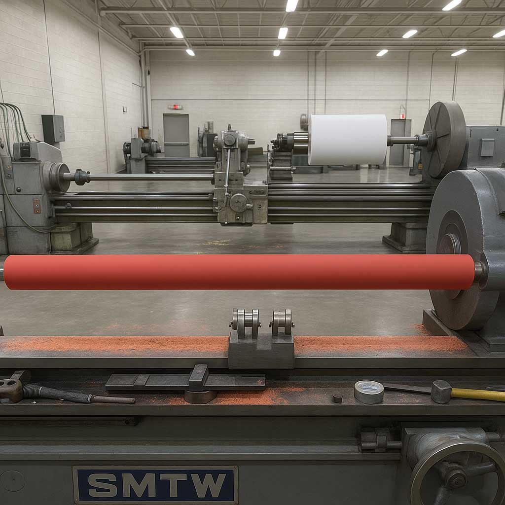 Red polyurethane conveyor roll with precision steel core manufactured by Universal Urethane Products for industrial material handling systems.