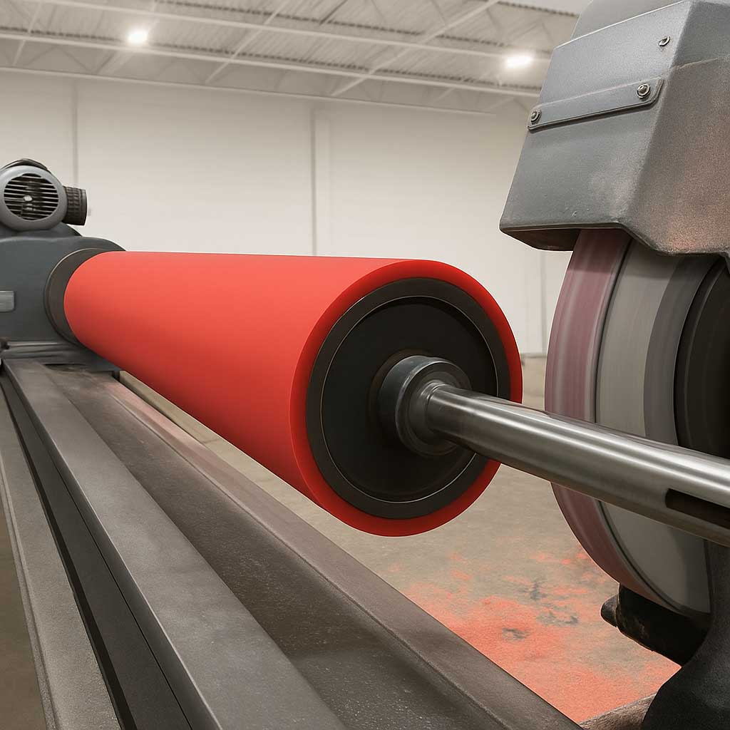 Red polyurethane accumulator roll with precision steel core manufactured by Universal Urethane Products for industrial coil processing systems.